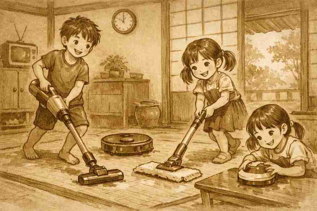 掃除家電で部屋を掃除する昭和風の少年少女のセピアイラスト